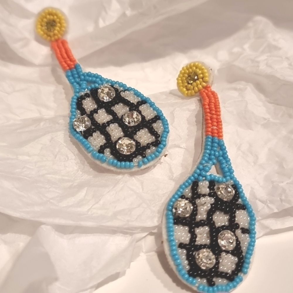 New Multicolor Beaded Tennis Racket Rhinestone Earrings